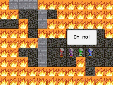 Oh no! screenshot showing the party navigating a maze as fire spreads nearby
